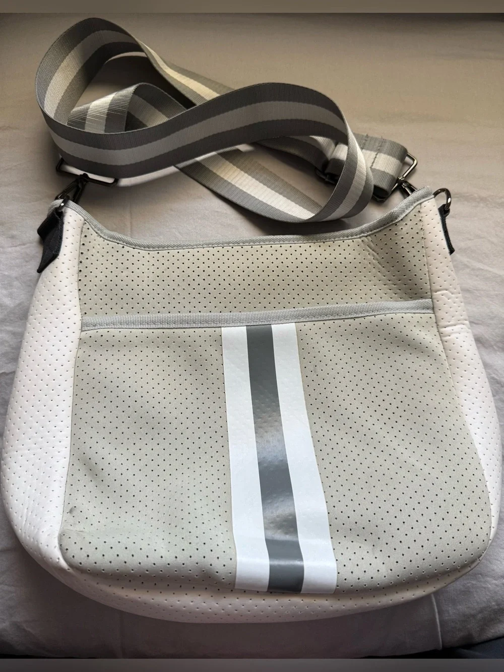 HAUTE SHORE Beige and Gray Crossbody Tote with Striped Strap